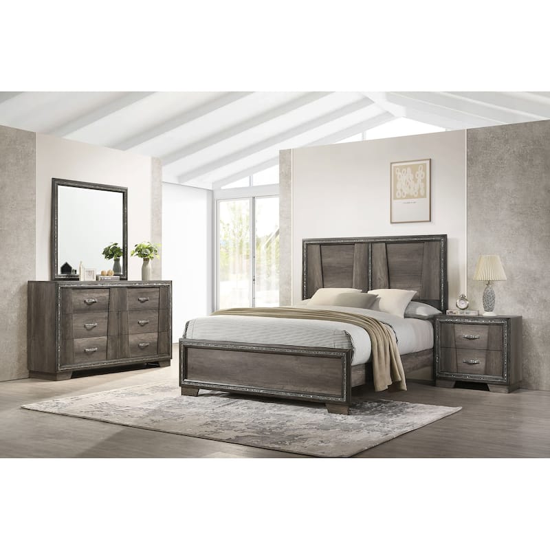 Janine Mid-Century Modern Panel Bedroom Set Grey - Eastern King - 4 Piece