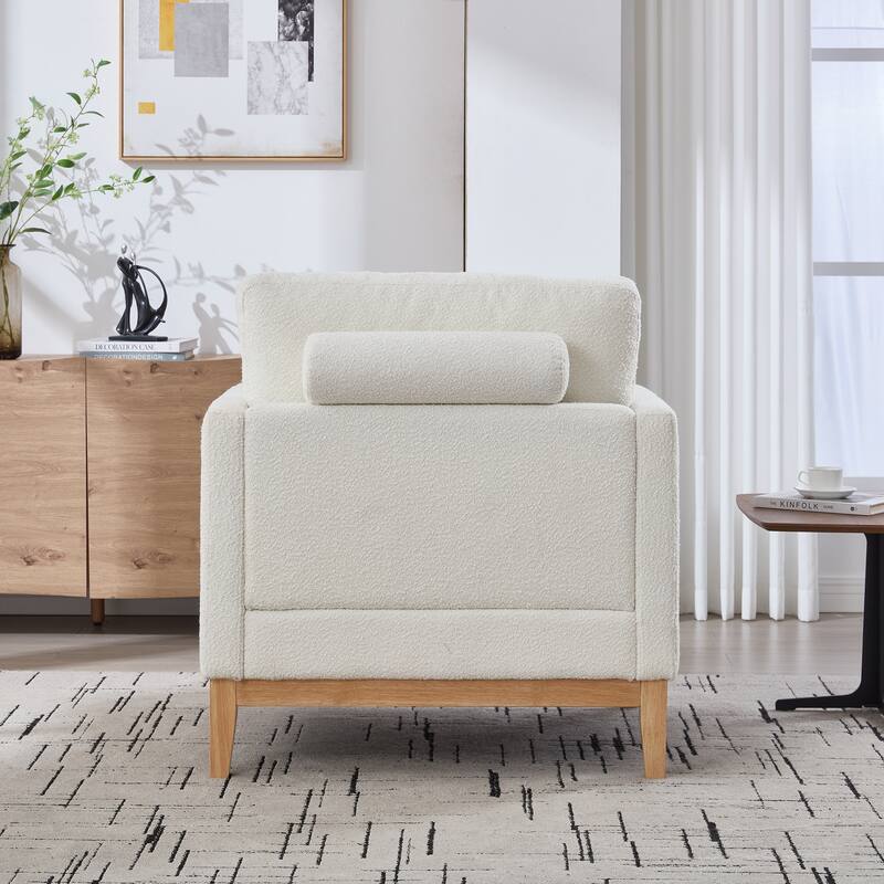 Roomfitters Boucle Accent Chair, Modern Farmhouse Armchair with Natural Wood Base and Bolster Pillows for Living Room or Office