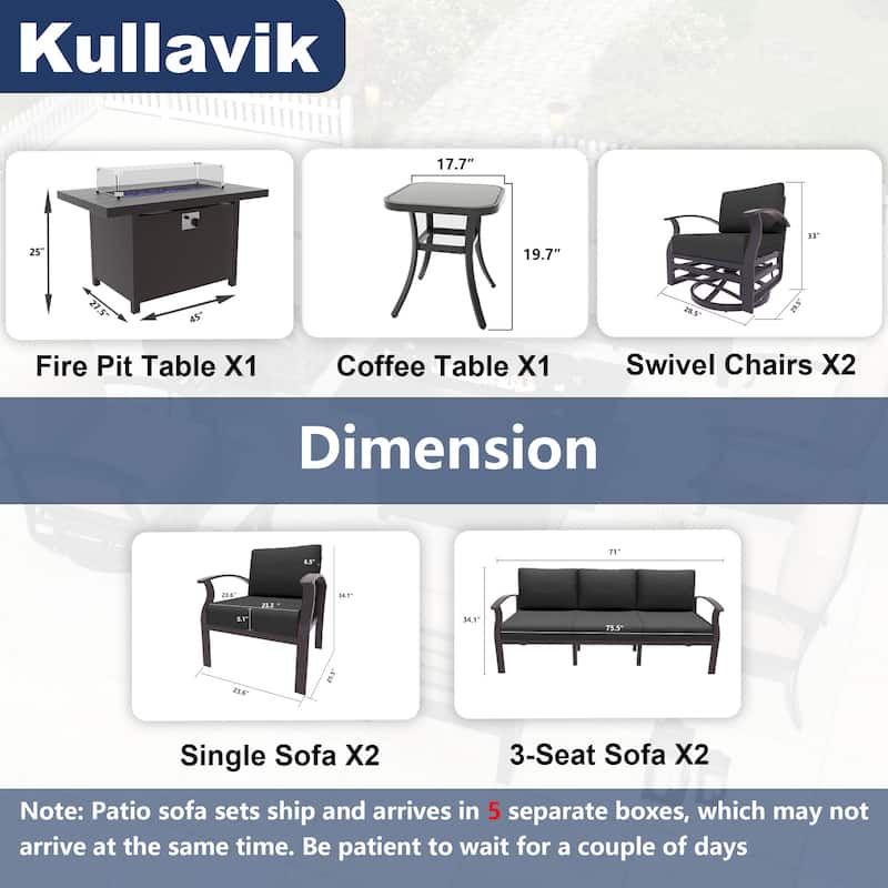 Kullavik Aluminum Outdoor Patio Furniture with Curved Armrests & Firepit Table
