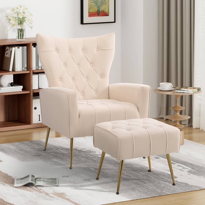 Ouyessir Upholstered Tufted Accent Chair with Ottoman - Velvet - Beige