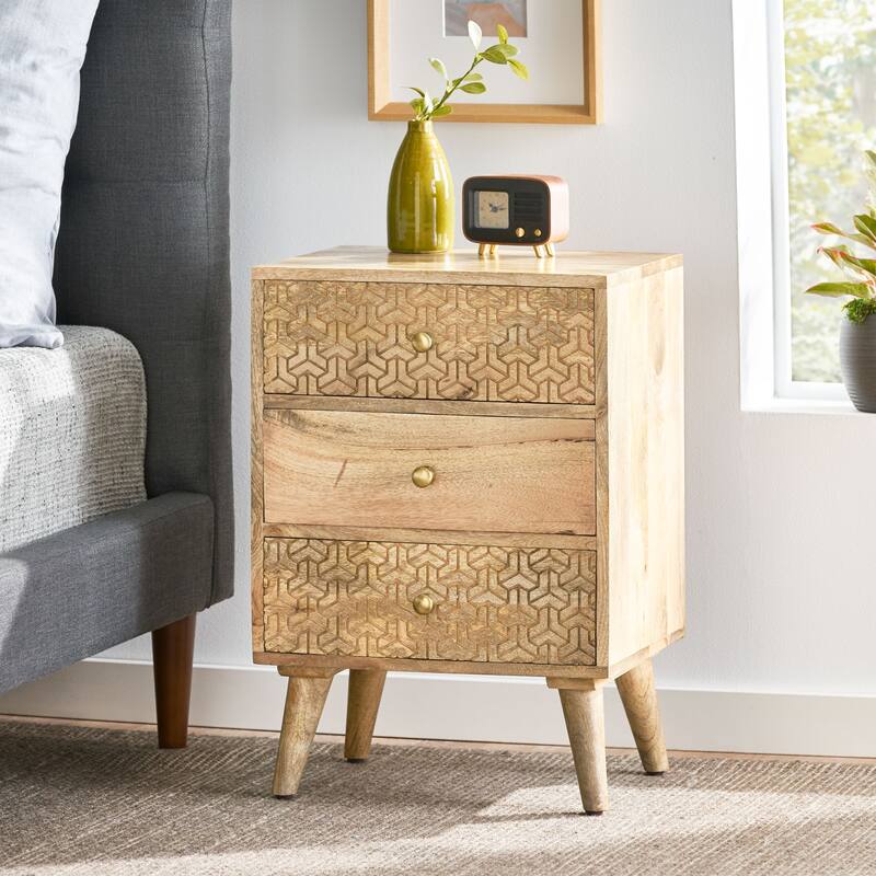 18" Patterned Design Nightstand with 3 Drawers for Bedroom