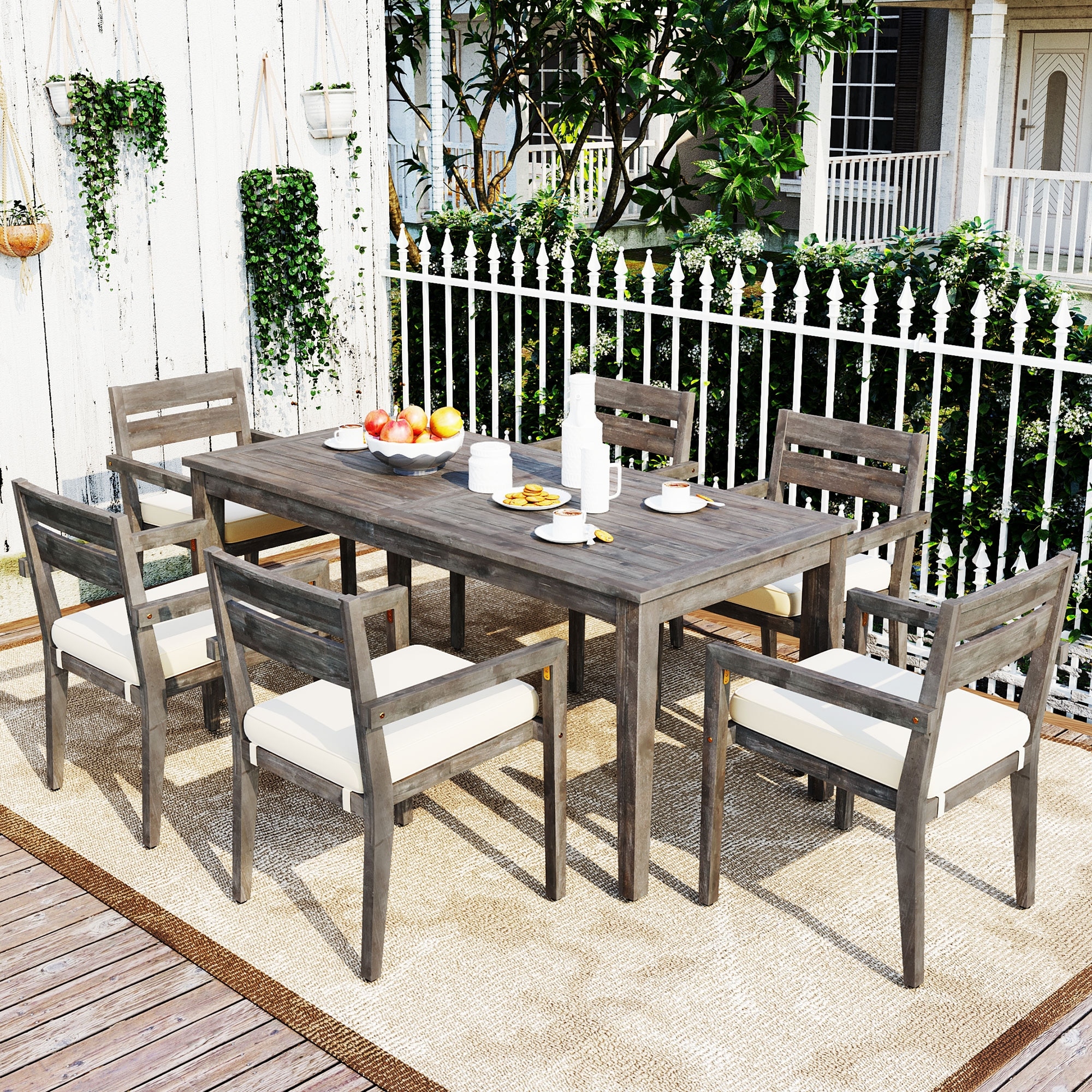 7-Piece Outdoor Dining Table Set for People, Acacia Wood Patio - Main Image
