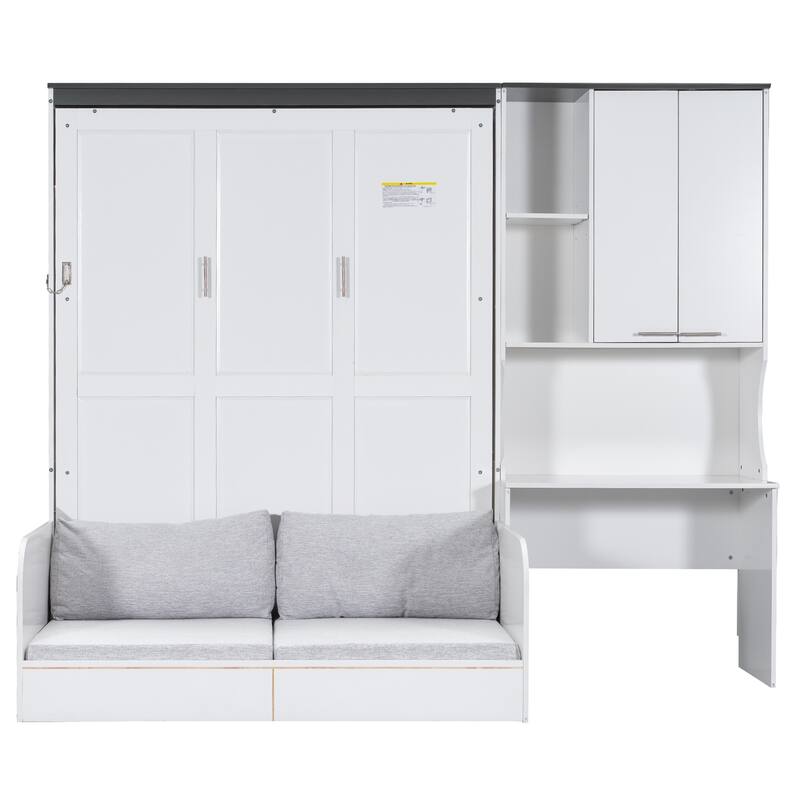 Space-saving Foldable Bed Design Murphy Bed Foldable Platform Bed with Sofa, All-in-one Storage Bookcase Cabinet and Desk