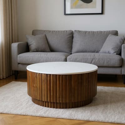 HomeRoots 36" Brown Genuine Marble And Solid Wood Round Drum Coffee Table - 36.00 in. x 18.00 in. x 36.00 in.