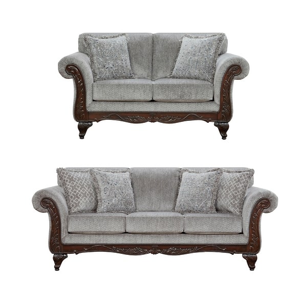 Roundhill Furniture Hernen Carved Wood Frame Gray Sofa and Loveseat Set