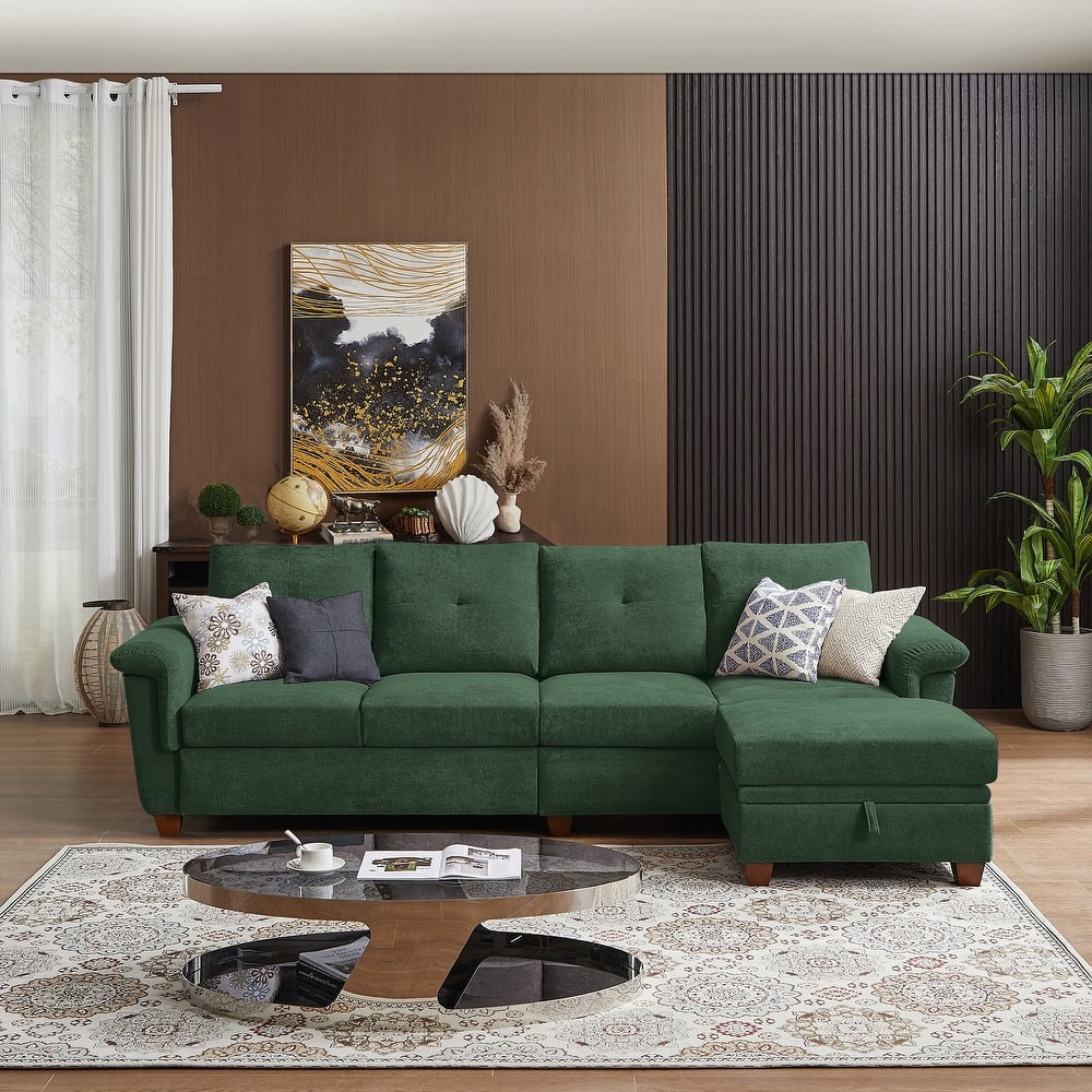 109" Modern 4 Seaters Towelling Sectional Sofa with Hidden Coffee Table Adjustable Headrest and Large Storage Space
