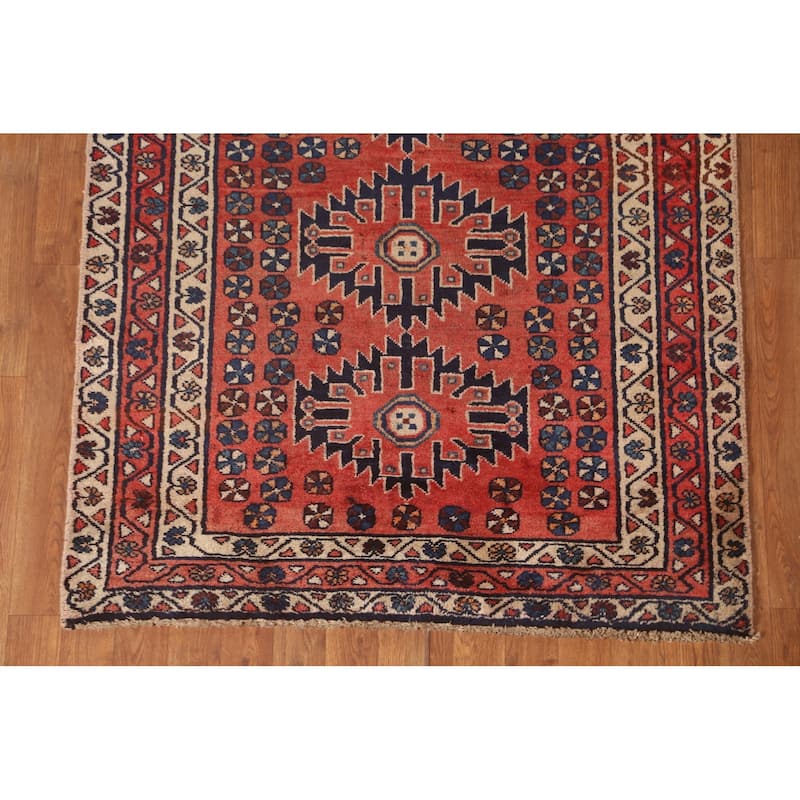 Geometric Sirjan Persian Vintage Runner Rug Handmade Wool Carpet - 3'8"x 9'4"