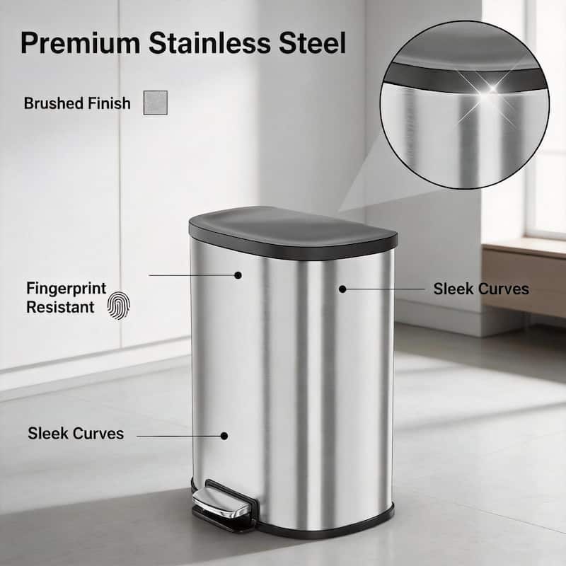 50L / 13.2 Gallon D-Shaped Stainless Steel Step Trash Can