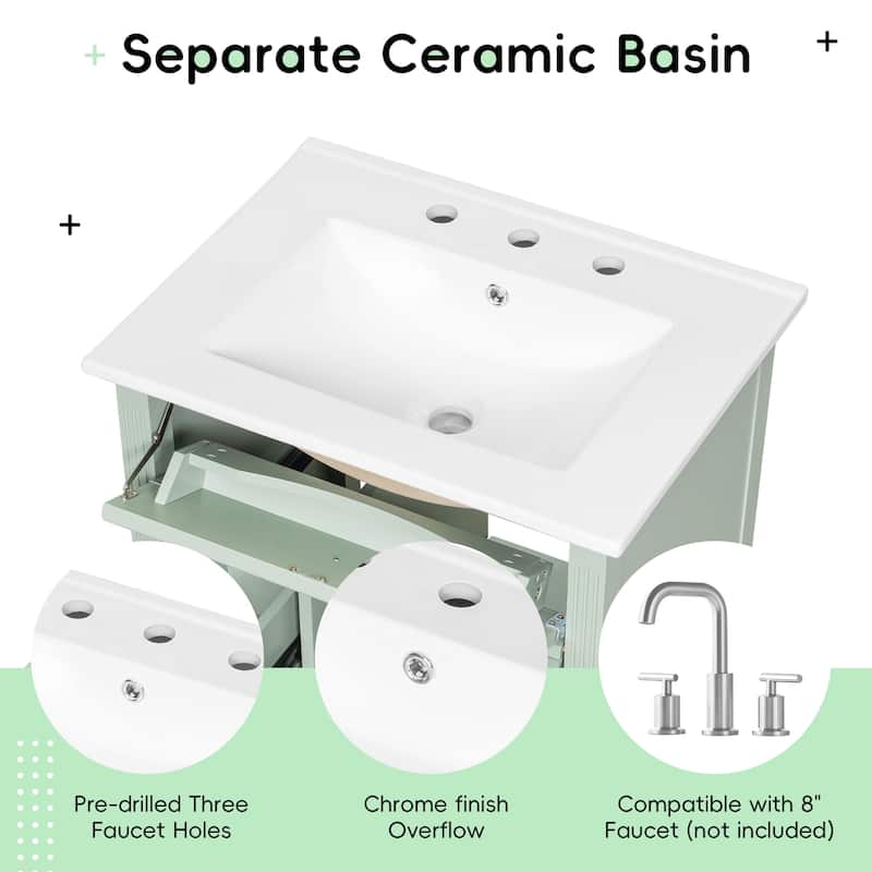 24 Inch Bathroom Vanity with Sink, Flip Drawer and Two Soft-Close Drawers