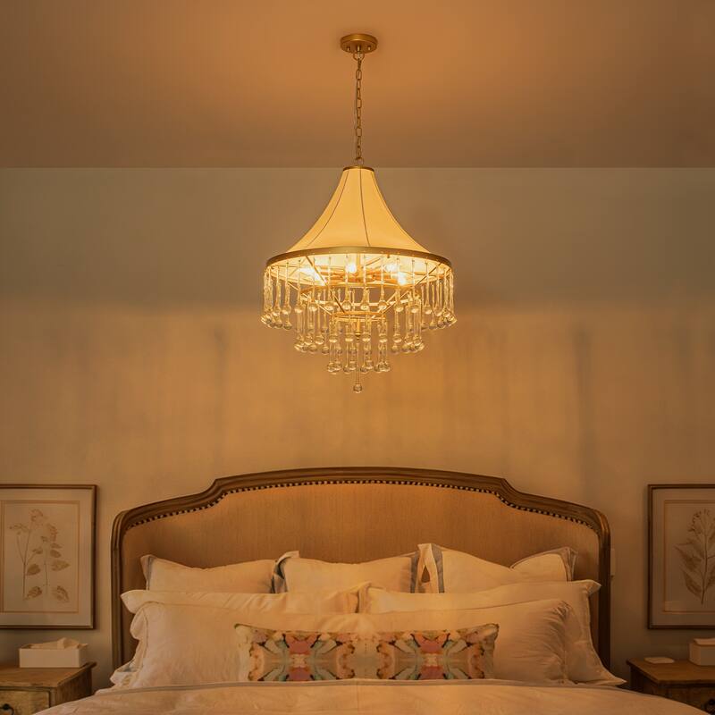 Brushed Gold Crystal Tiered Chandelier with Linen Shade Dining Room - Dia.23.62-in