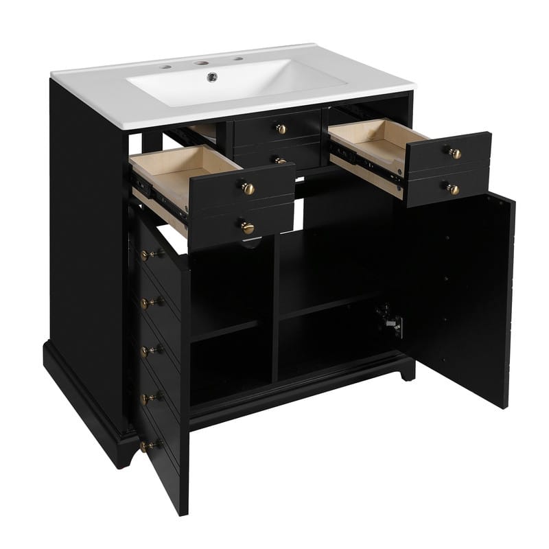 Freestanding Bathroom Vanity Set with Ceramic Sink – Solid Wood Storage Cabinet Featuring 2 Soft-Close Drawers in Black