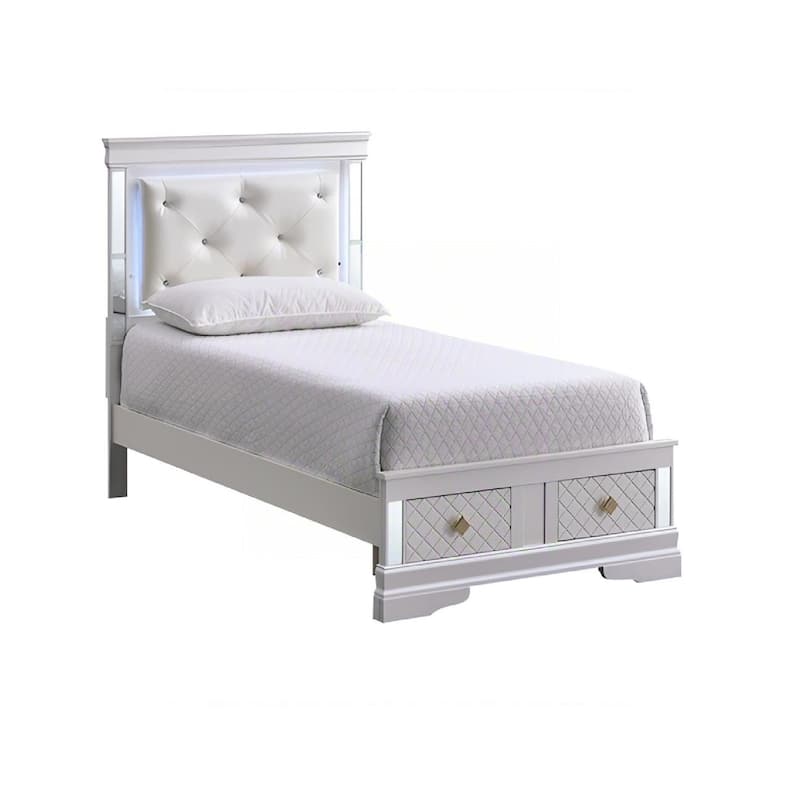 Pearl White Twin Bed with LED Headboard, Mirror Trim, and Storage Drawers