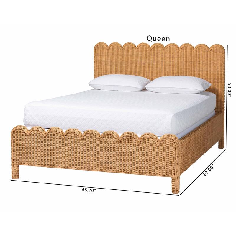 Maritza Scalloped Natural Rattan Bed Frame - Handwoven Wicker Headboard and Footboard with Decorative Edge Detail, Boho Coastal
