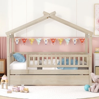 Twin Wooden House Platform Bed with Trundle for Girls & Boys, Natural