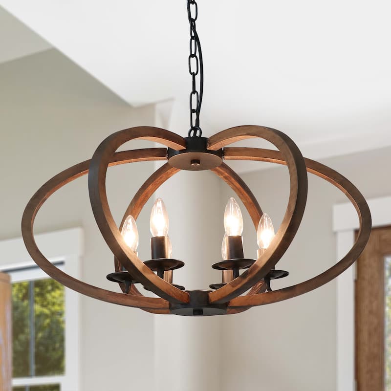 Anmytek 6-Light Wooden Kitchen Island Pendant Light Rustic Candle Style Hanging Light Fixture for Living Room Dining Room