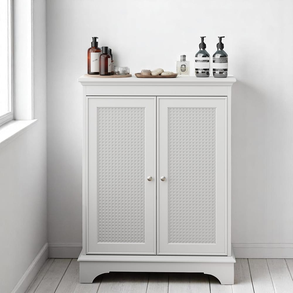 Modern White Rattan Cabinet with Adjustable Partition, 2 Doors, Freestanding Accent Storage for Hallway or Kitchen