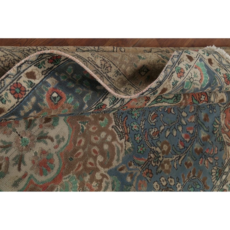 Blue Floral Tabriz Persian Vintage Area Rug Handmade Wool Carpet - 6'7"x 9'11"
