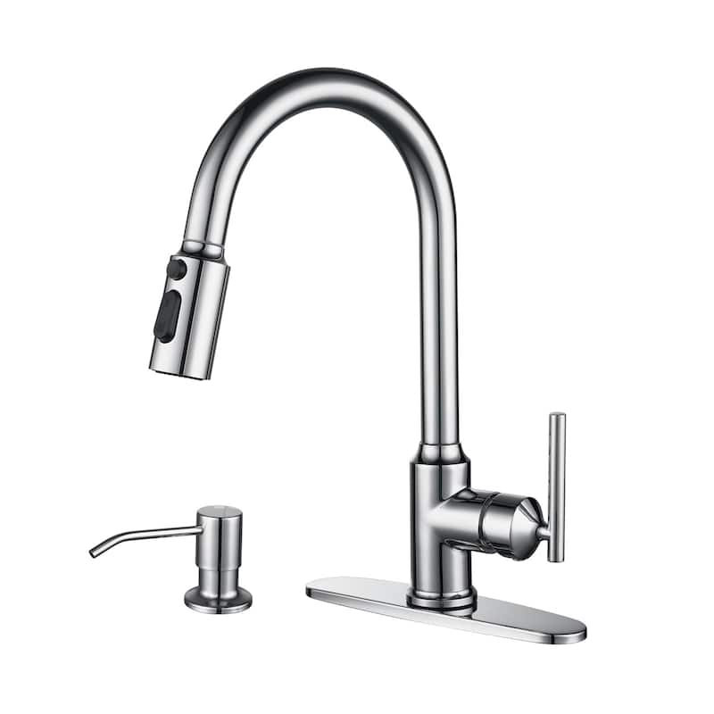 WOWOW Pull Down Sprayer Kitchen Faucet with Soap Dispenser - Polished Chrome