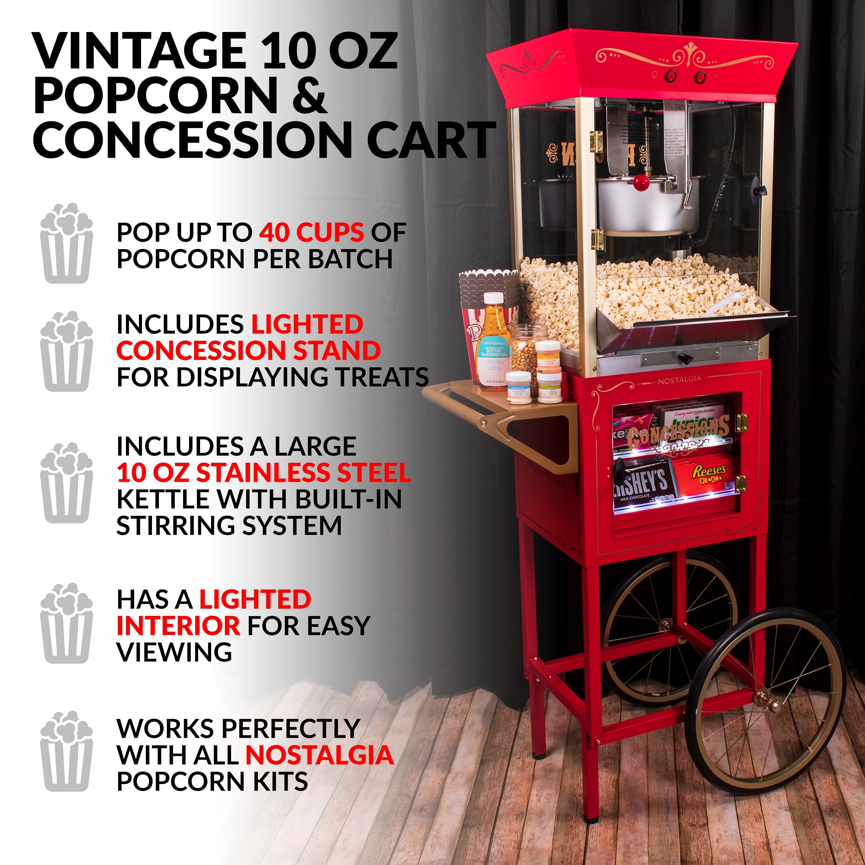 Nostalgia NKPCONCRT10RD Concession Popcorn Cart - Red