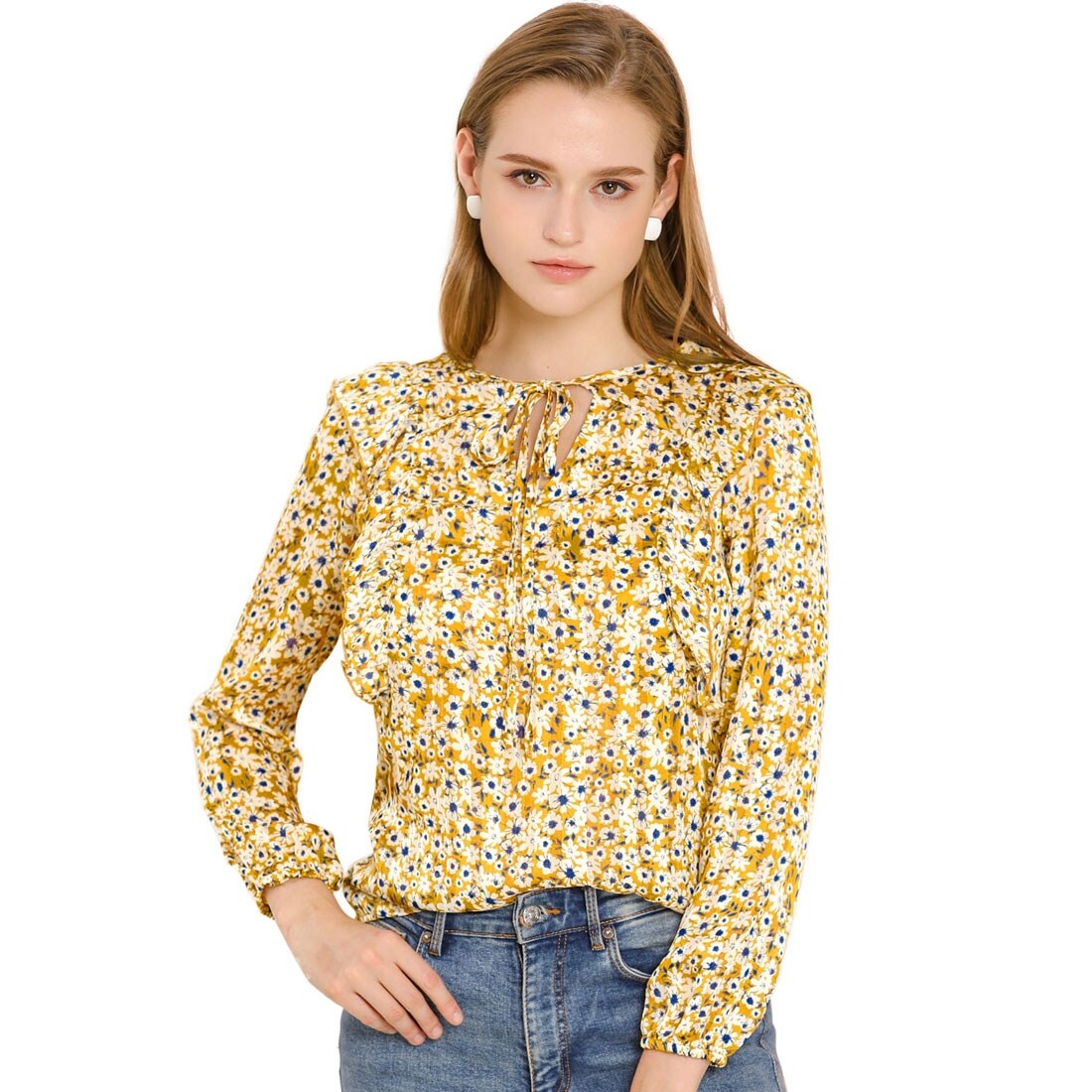 yellow tie neck blouse