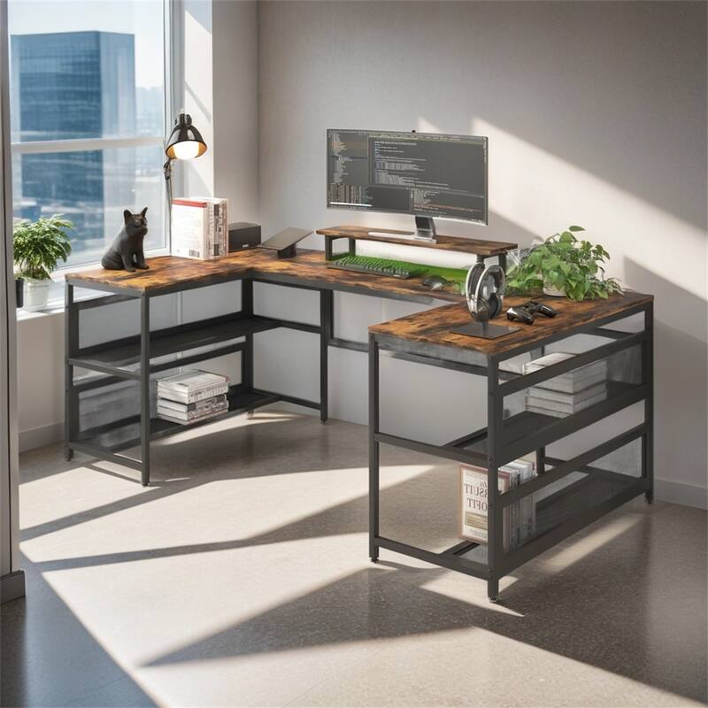 U-shaped Desk with Shelve and LED Lights