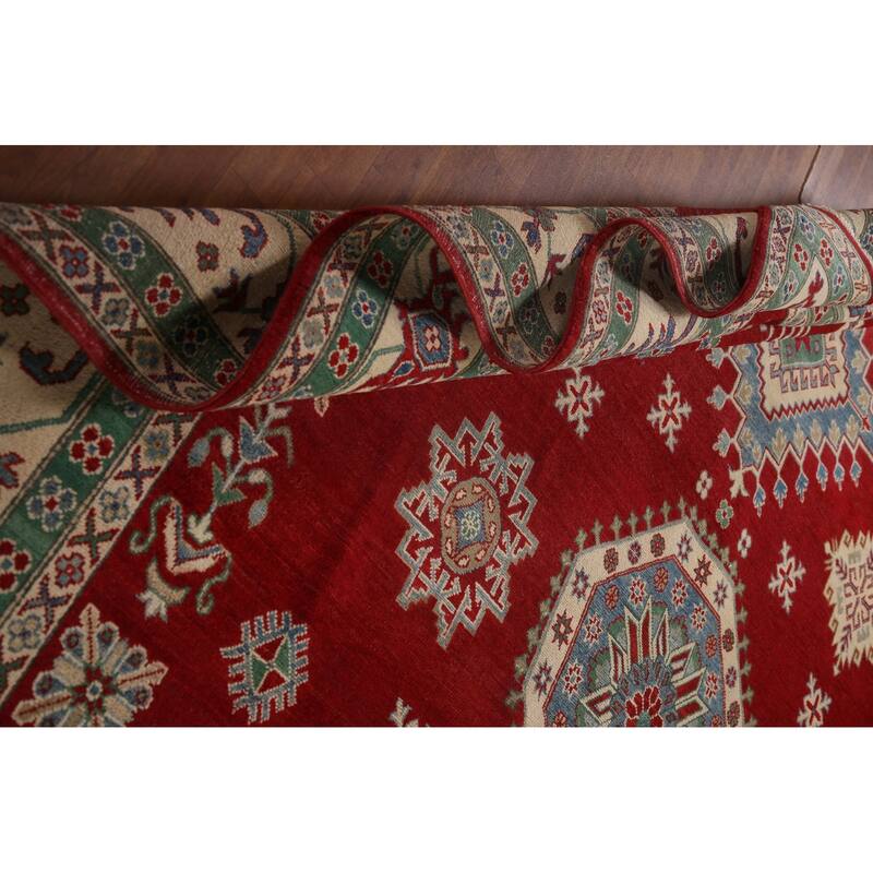 Red Geometric Kazak Oriental Area Rug Handmade Traditional Wool Carpet - 9'7" x 13'1"