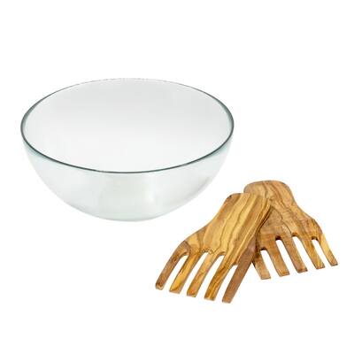 French Home Recycled Glass Urban Salad Bowl and Olive Wood Servers