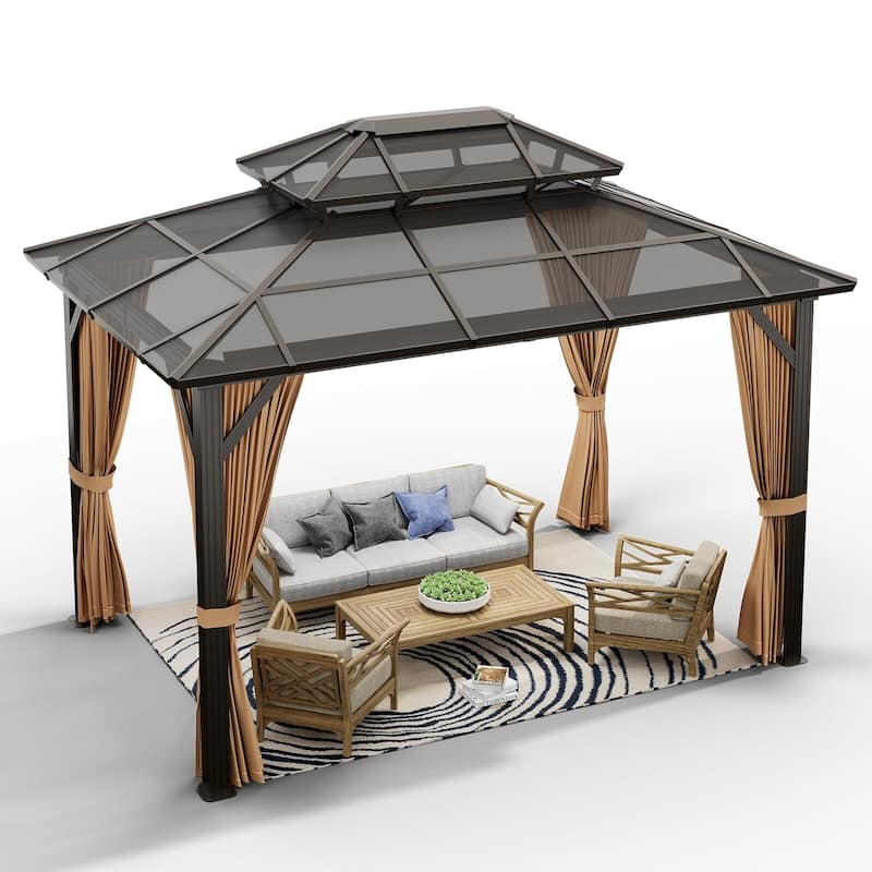 Heavy Duty Double Roof Outdoor Gazebo, with Netting and Sunshade Curtains
