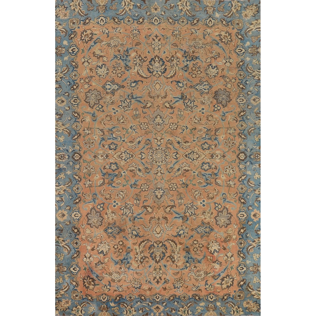 Distressed Floral Tabriz Persian Rug Hand-Knotted Orange Wool Carpet - 5'5"x 8'8"