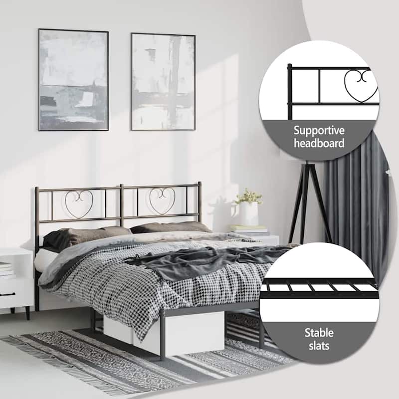 vidaXL Queen Metal Bed Frame with Headboard, Black, No Mattress - 81.5" x 61.4" x 35.4"