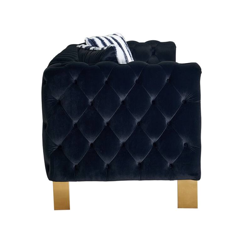 Velvet Tufted Sofa with Gold Metal Legs & Toss Pillows - 84" Width