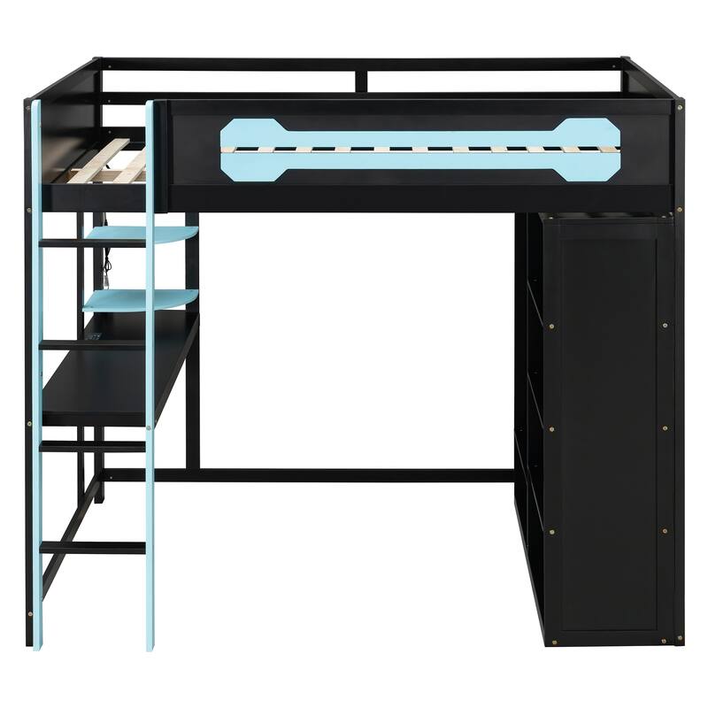Full Wood Loft Bed with Desk, Open Wardrobe & RGB Lighting