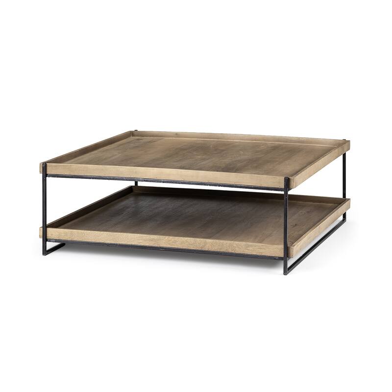 HomeRoots 46" Natural and Black Solid Wood and Metal Coffee Table With Shelf - 46