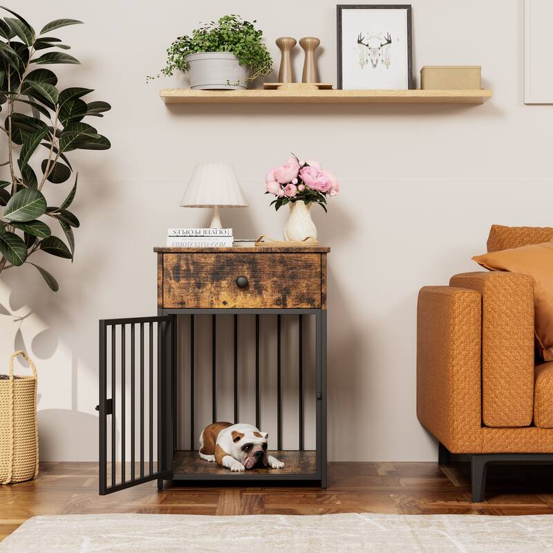 Dog Crate Furniture, Dog House, Decorative Dog Kennel with Drawer, Indoor Pet Crate End Table for Small Dog, Iron-Tube Dog Cage - Brown