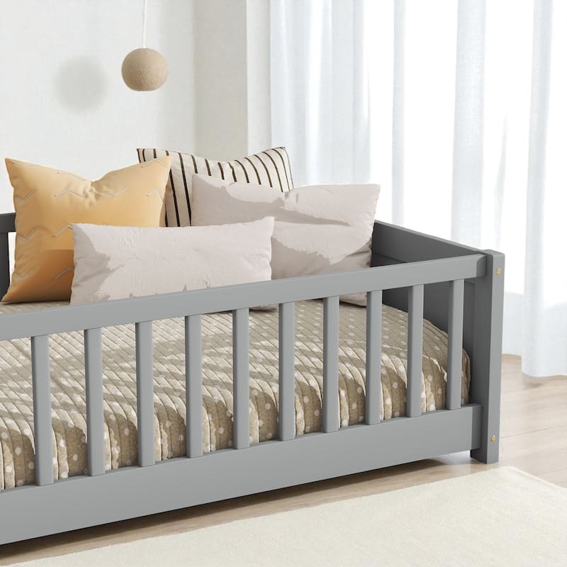 Twin Size Floor Platform Bed with Fence Rail and Built-in Book Rack, Wood Slat Support