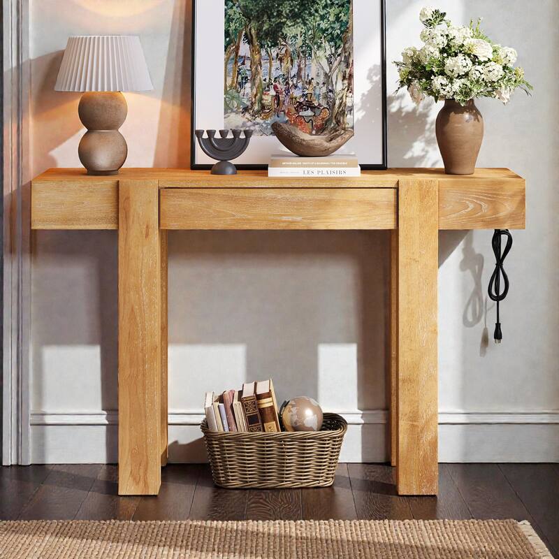 Rustic Minimalist Console Table with Hidden Drawer & Power Outlet, Solid Wood Entryway Table for Living Room & Home Office - Natural