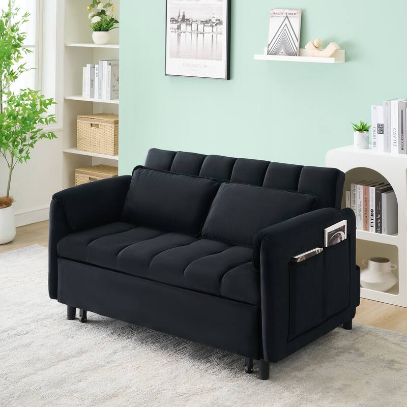 Modern Velvet Sofa, Sofa Pull-Out Bed, Small Love Seat Casual Sofa With Back, Pillow, Pockets, 3 In 1 Convertible Sleep Sofa Bed