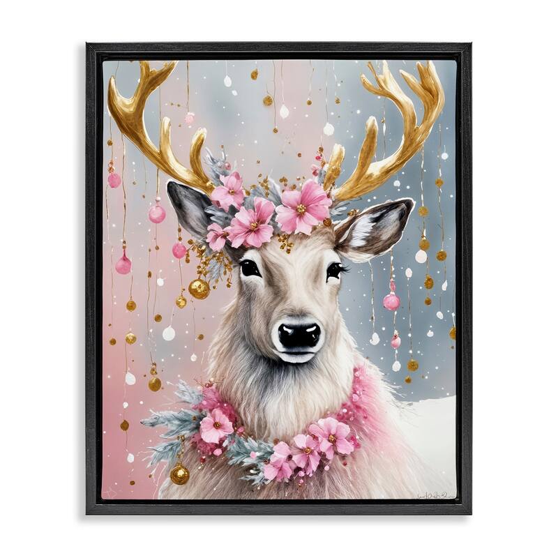 Stupell Ornamental Florals on Deer Framed Floater Canvas Wall Art Design By Tabz Jones - 17 x 21 - Black