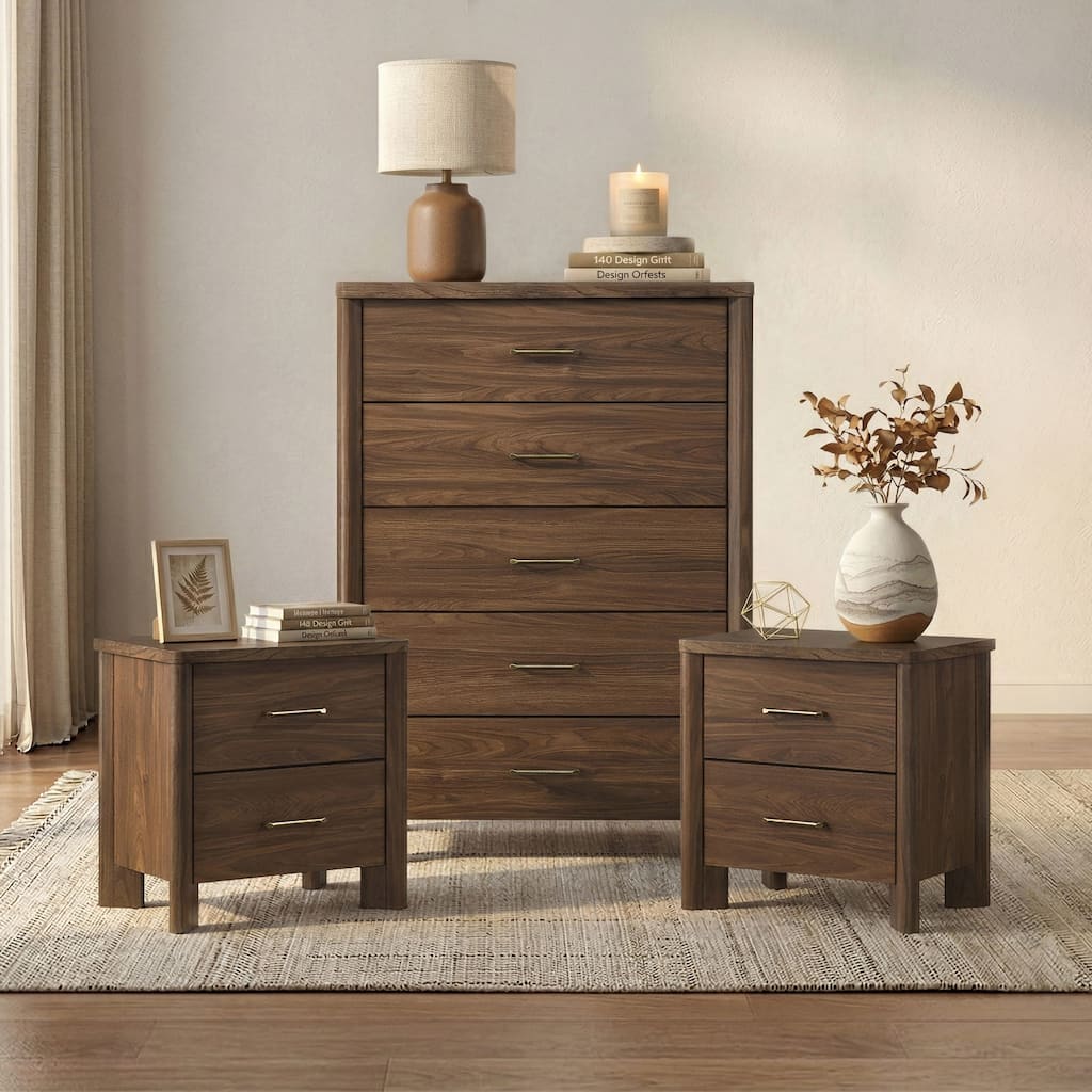 Furniture of America Elira Mid-Century Modern 3-Piece Walnut Wood Chest and 2 Nightstands Bedroom Set