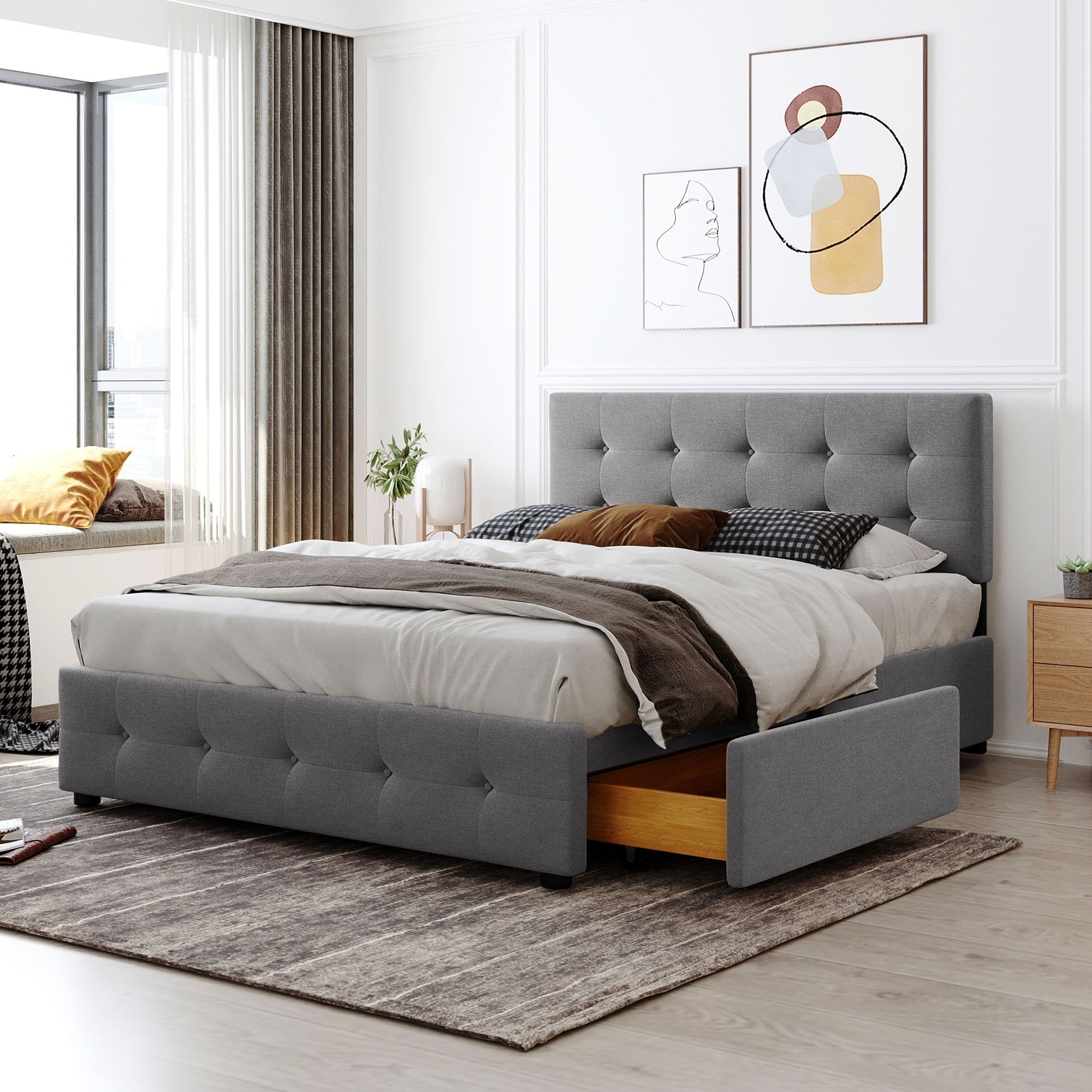 Roomfitters Queen Size Upholstered Platform Bed with Classic Headboard, Four Drawers, No Box Spring Needed, Linen Fabric