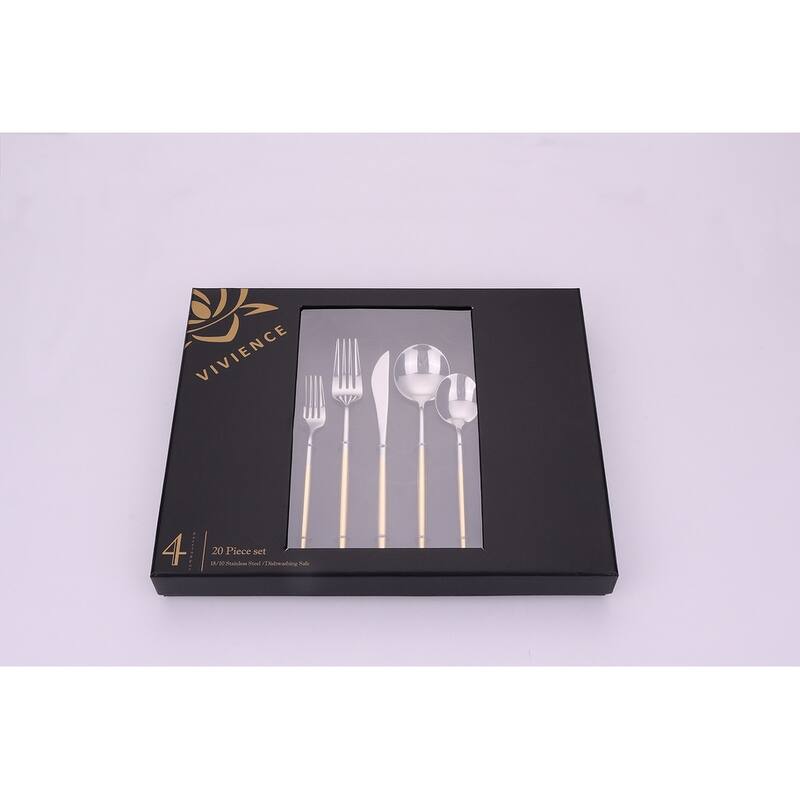 20 Pc Flatware Set Silver With Graduated Gold Handles - Service For 4