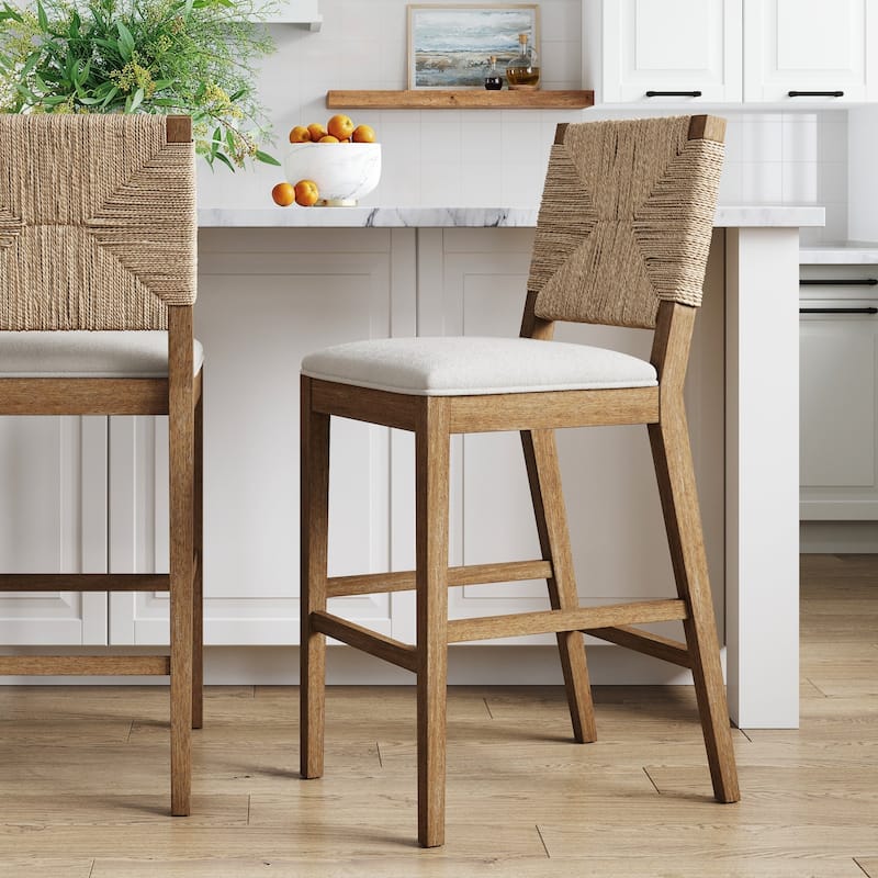 Beacon Bohemian Boucle Bar Stool, Upholstered Counter Height Chair with Solid Wood Frame and Woven Seagrass Back - Single - Cream Boucle/Light Brown - Bar Height