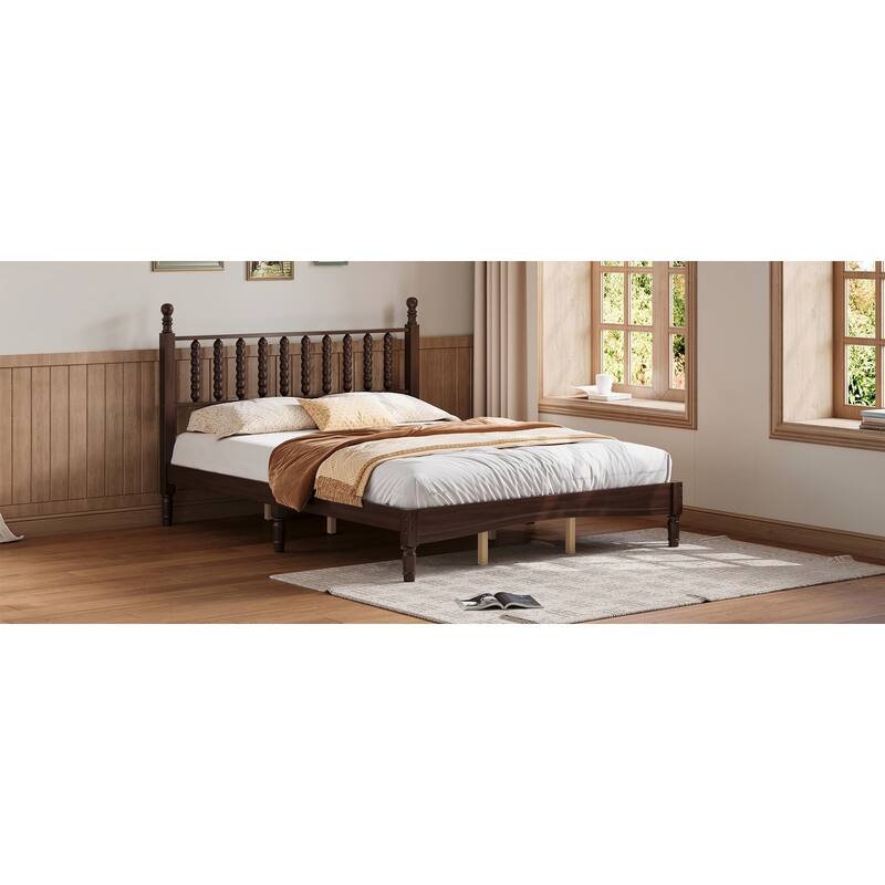 Queen Size Wood Platform Bed with Gourd Shaped Headboard, Retro Style, No Box Spring Needed, Sturdy Wooden Slats for Bedroom