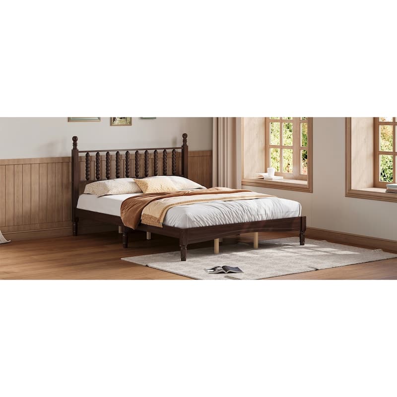 Wood Platform Bed Frame with Gourd Shaped Headboard, Retro Style Low Profile Bed with Wooden Slat Support, No Box Spring Needed