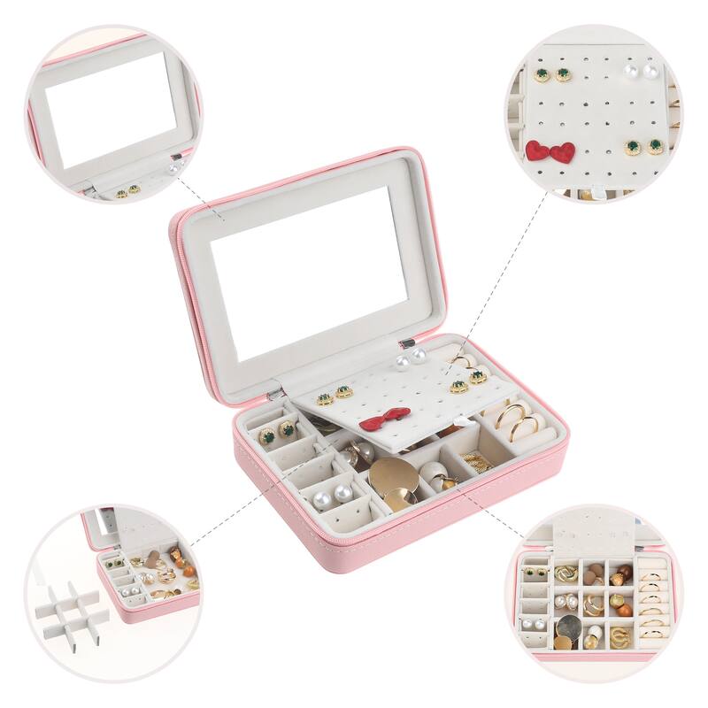 Travel Jewelry Box with Mirror for Girls, Portable PU Leather Jewelry Organizer Case Storage Display Holder - 20x15x6cm