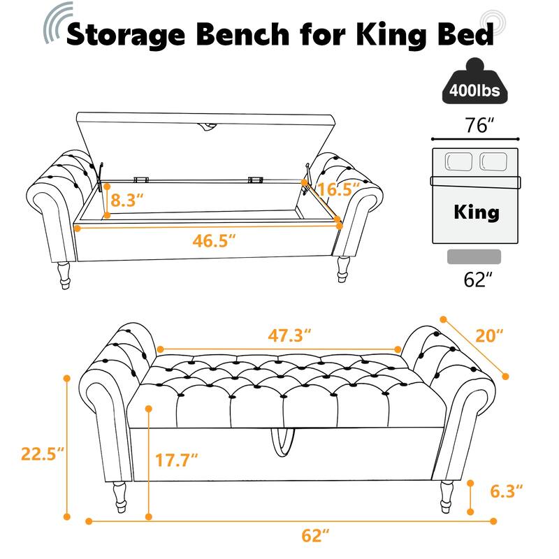 67" Velvet or PU Tufted Storage Bench for Bedroom End of Bed with Roll Arms