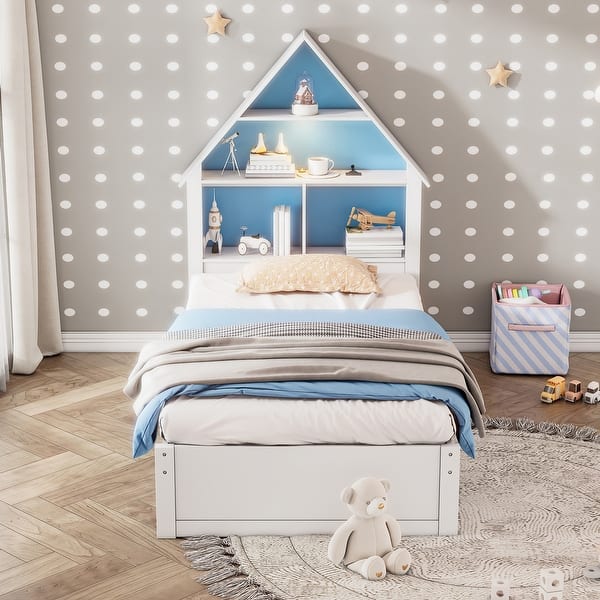 slide 2 of 18, Twin House Kids Bed Frame with Bookcase, LED Light & Trundle, Blue + White Blue+ White
