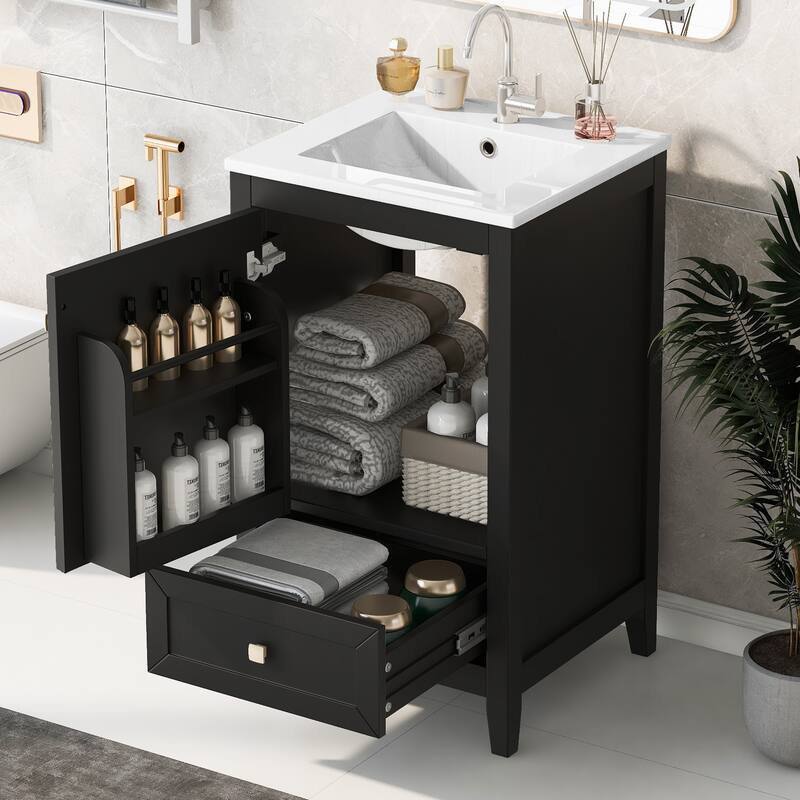 Compact 20" Bathroom Vanity with Sink, Soft Closing Door, Storage Rack & Drawer, Modern MDF Cabinet