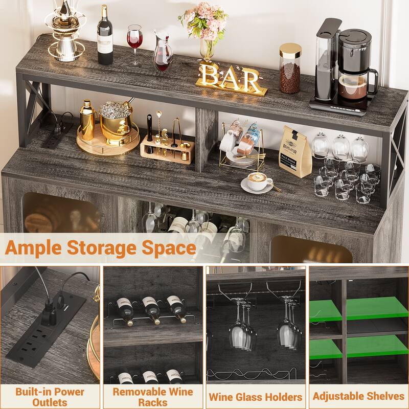 Buffet Sideboard Cabinet Wood Coffee Bar Cabinet with Charging Station and LED lights