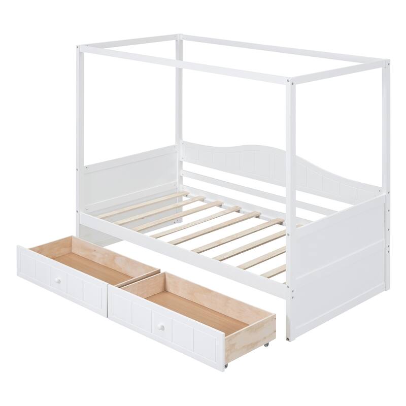 White Twin Size Canopy Day Bed with 2 Drawers and Built-in Backrest